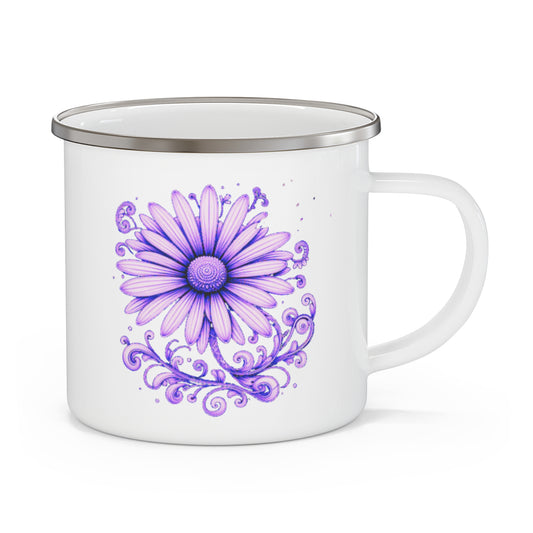 White Enamel, indoor/Outdoor  Whimsical Daisy Mug With Black Rim, is sure to please any mood. Daisy is a pale amethyst purple and  deeper purple hue trim around the entire flower shape. The swirls and curling rounded pattern create a whimsical and dreamy appearance. Country vibes can be felt as you're sipping the beverage of your choice from this cute cup. 
Child safe and adults love it as well. Perfect and light weight enough to take hiking, camping or any outdoor activity with out fear of breaking. 