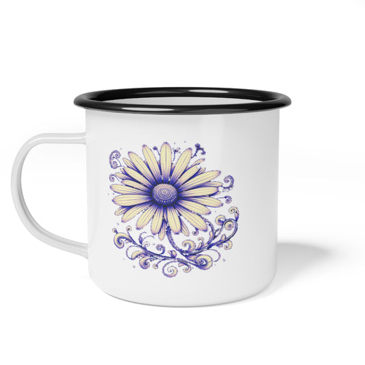 White Enamel, indoor/Outdoor  Whimsical Daisy Mug With Black Rim, is sure to please any mood. Daisy is a pale yellow with purple and blue hue trim around the entire flower shape. The swirls and curling rounded pattern create a whimsical and dreamy appearance. Country vibes can be felt as you're sipping the beverage of your choice from this cute cup. 
Child safe and adults love it as well. Perfect and light weight enough to take hiking, camping or any outdoor activity with out fear of breaking. 