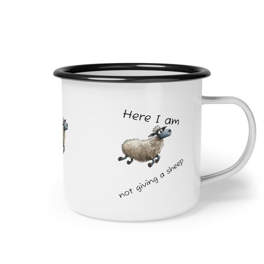 This adorable white, enamel, camping mug has a silly sheep bringing a smile to any face. The humorous play on the words " Here I am not giving a sheep"  printed in diagonal formations with a fluffy white sheep leaping through the air making this announcement known is hilarious and will bring laughter and fun into your day. This is a child safe mug that adults will love too.  Whatever beverage you feel like sipping on, this cup will brighten your entire event.  