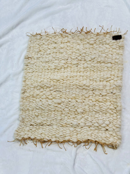 This beautiful hand woven, off white, sheep wool rug is made from 100% sheep wool grown right here at Wild Daisy Homestead.   
The warp and trim are made with 100% natural jute string.  Created on a peg loom this 23X26 rug is tightly woven together. When removed,  the finishing touches by tying the trim and hand stitching of the 100% leather tag attached, complete the project.  