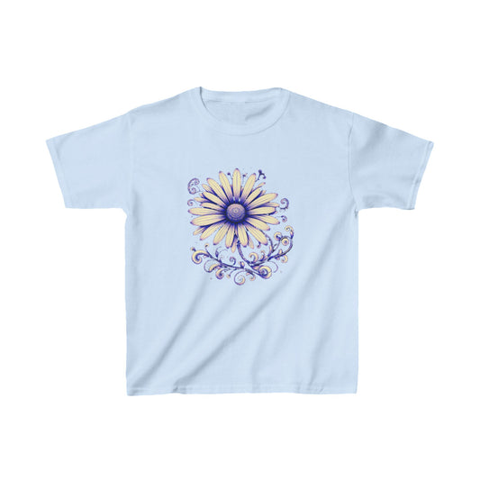 This yellow and light purple daisy printed on front of blue t-shirt is adroable and trendy.  The whimsical swirls and leaves add that little bit of extra pop to bring this printed t-shirt to life. 